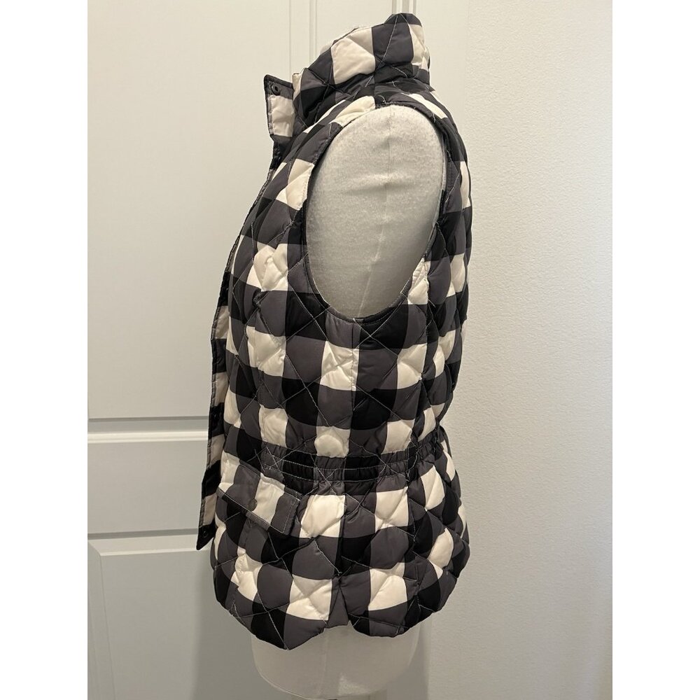 Talbots Down Fill Puffer Vest Size M Black White Plaid Elastic Waist Zip Snaps - Picture 9 of 10